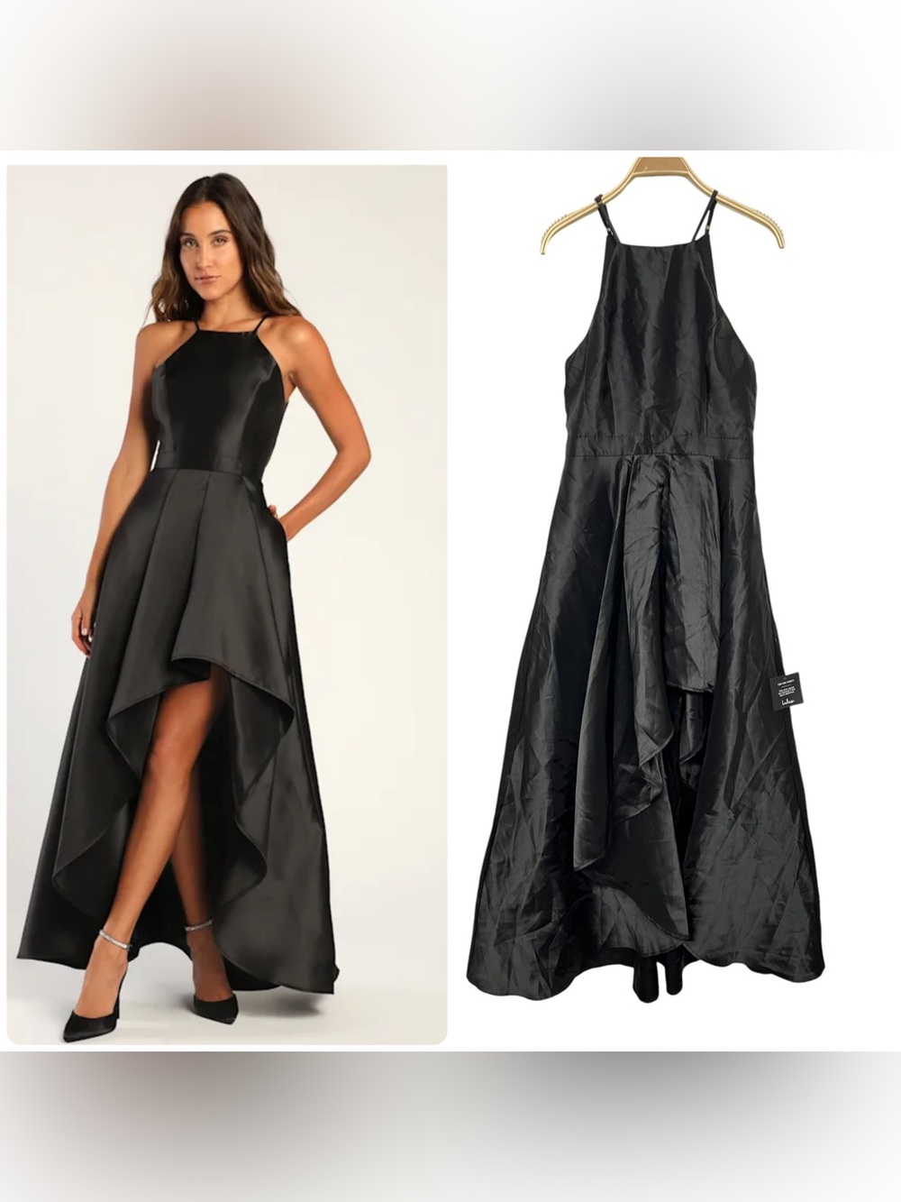 New Lulus Broadway Show Black Satin High-Low Halter Gown Dress